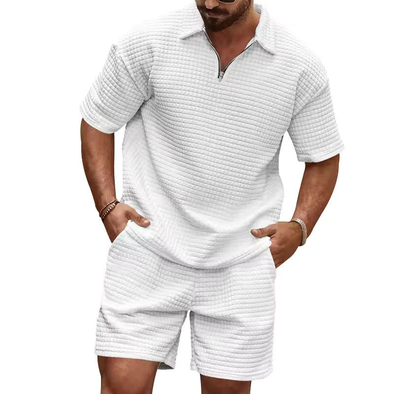 Enzo -  Men's Waffle-Knit Quarter-Zip Polo and Shorts Set