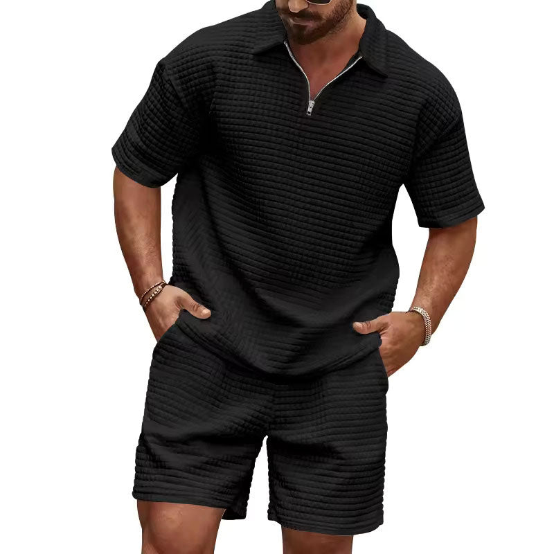 Enzo -  Men's Waffle-Knit Quarter-Zip Polo and Shorts Set