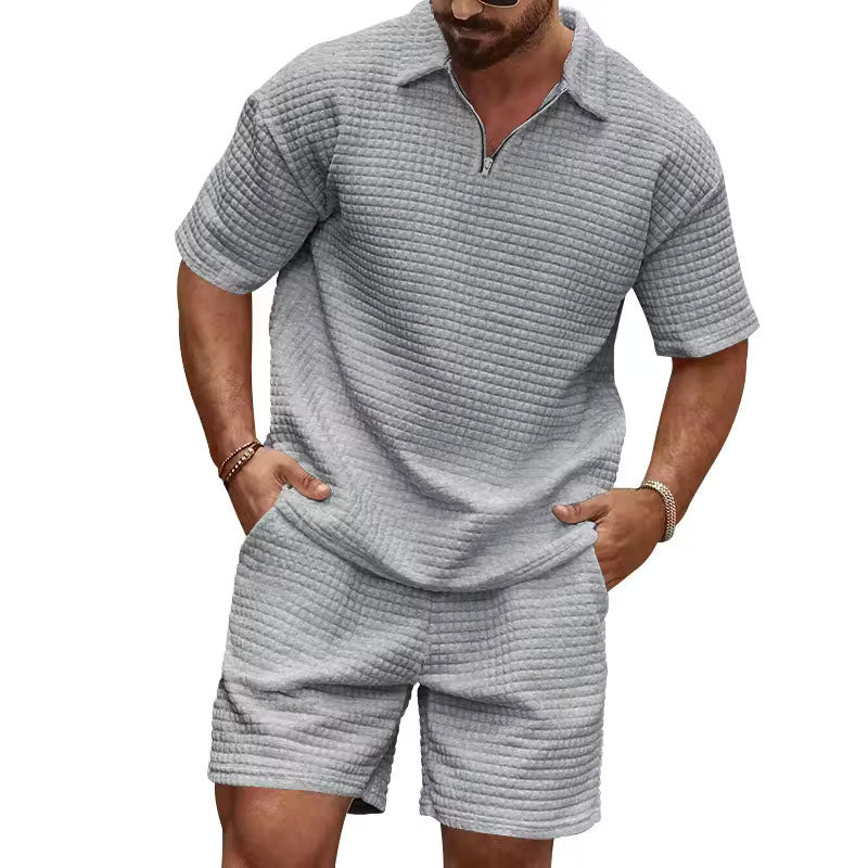 Enzo -  Men's Waffle-Knit Quarter-Zip Polo and Shorts Set