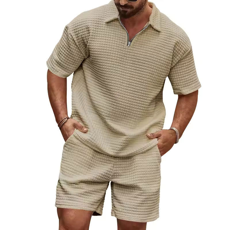 Enzo -  Men's Waffle-Knit Quarter-Zip Polo and Shorts Set