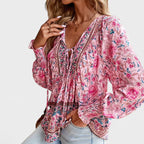 Evelyn - Women’s Boho Floral Tie-Neck Long Sleeve Blouse