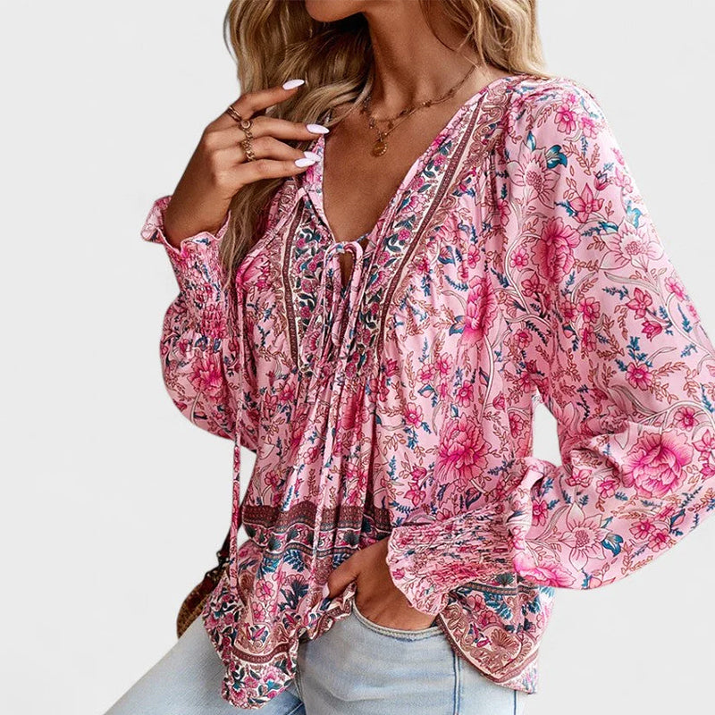 Evelyn - Women’s Boho Floral Tie-Neck Long Sleeve Blouse