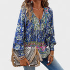 Evelyn - Women’s Boho Floral Tie-Neck Long Sleeve Blouse