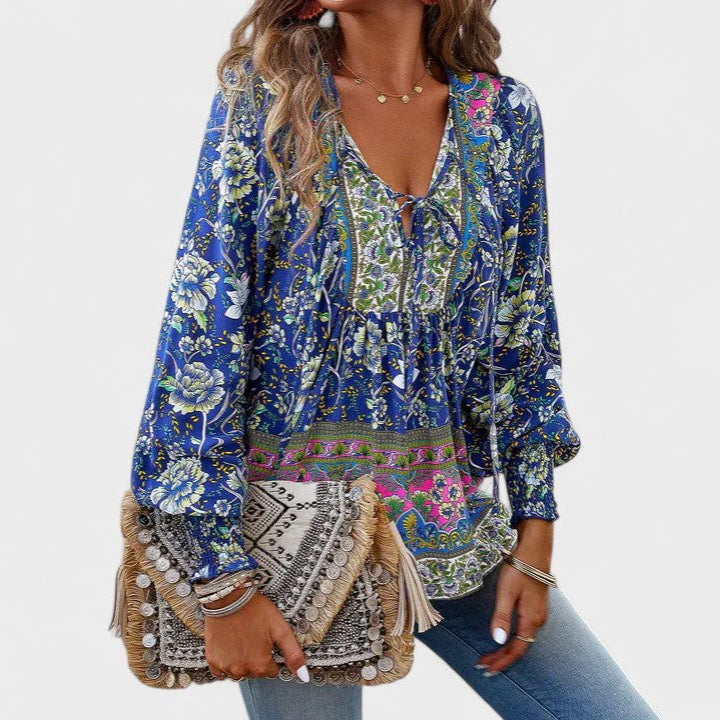 Evelyn - Women’s Boho Floral Tie-Neck Long Sleeve Blouse