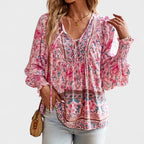 Evelyn - Women’s Boho Floral Tie-Neck Long Sleeve Blouse