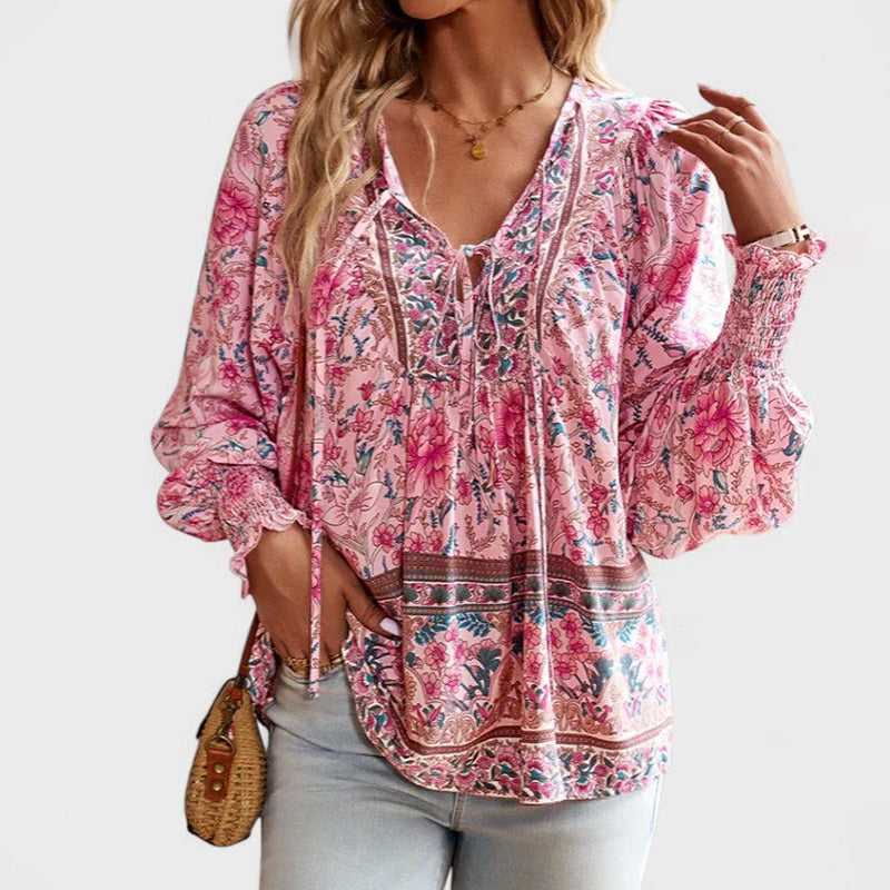 Evelyn - Women’s Boho Floral Tie-Neck Long Sleeve Blouse