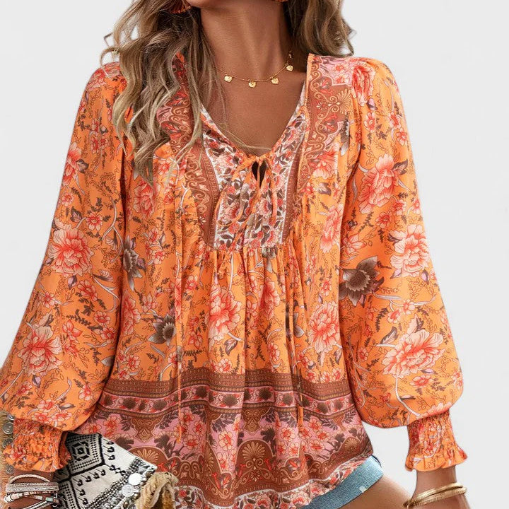 Evelyn - Women’s Boho Floral Tie-Neck Long Sleeve Blouse