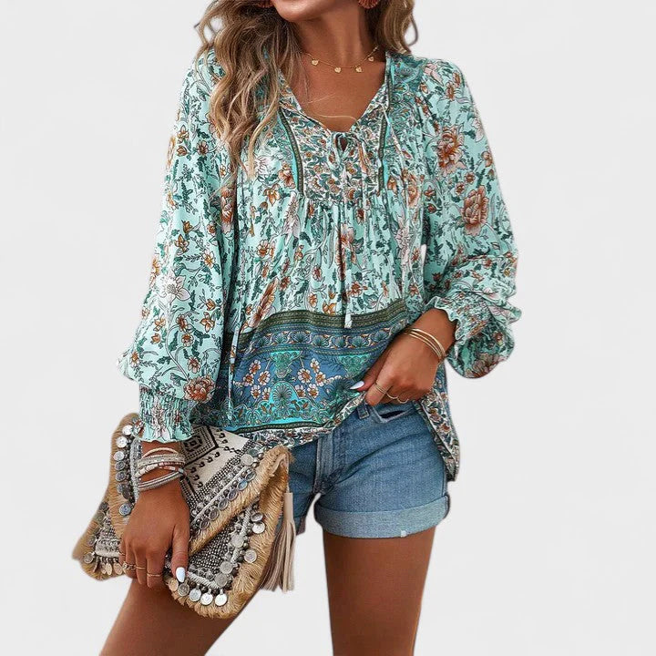 Evelyn - Women’s Boho Floral Tie-Neck Long Sleeve Blouse