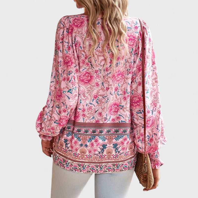 Evelyn - Women’s Boho Floral Tie-Neck Long Sleeve Blouse