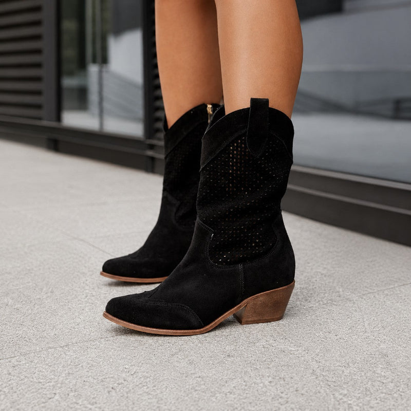Evelyn - Women's Perforated Pointed Toe Block Heels