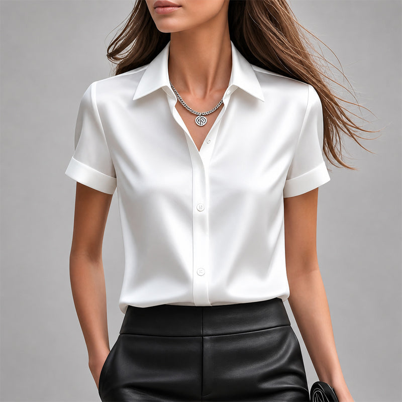 Faye - Women's Glossy Satin V-Neck Short Sleeve Shirt