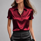 Faye - Women's Glossy Satin V-Neck Short Sleeve Shirt