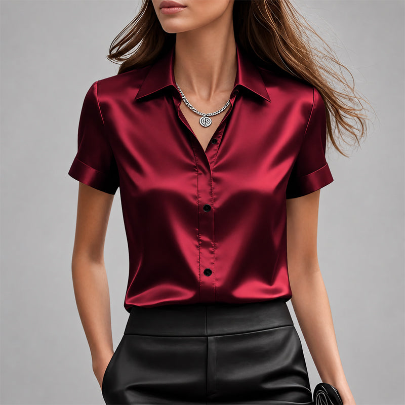 Faye - Women's Glossy Satin V-Neck Short Sleeve Shirt