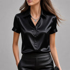 Faye - Women's Glossy Satin V-Neck Short Sleeve Shirt