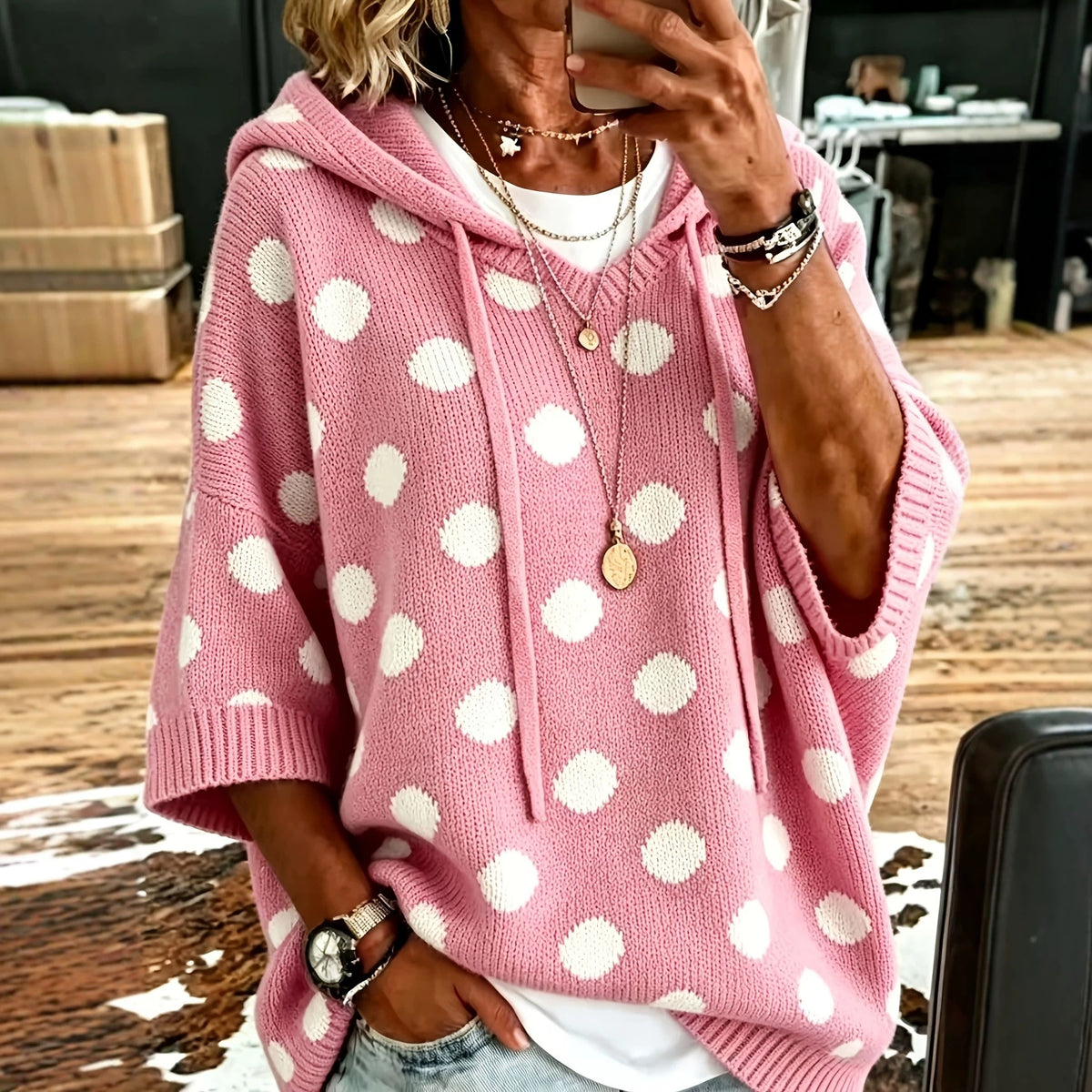 Fiona - Women's Polka Dot Hooded Knit Poncho Sweater