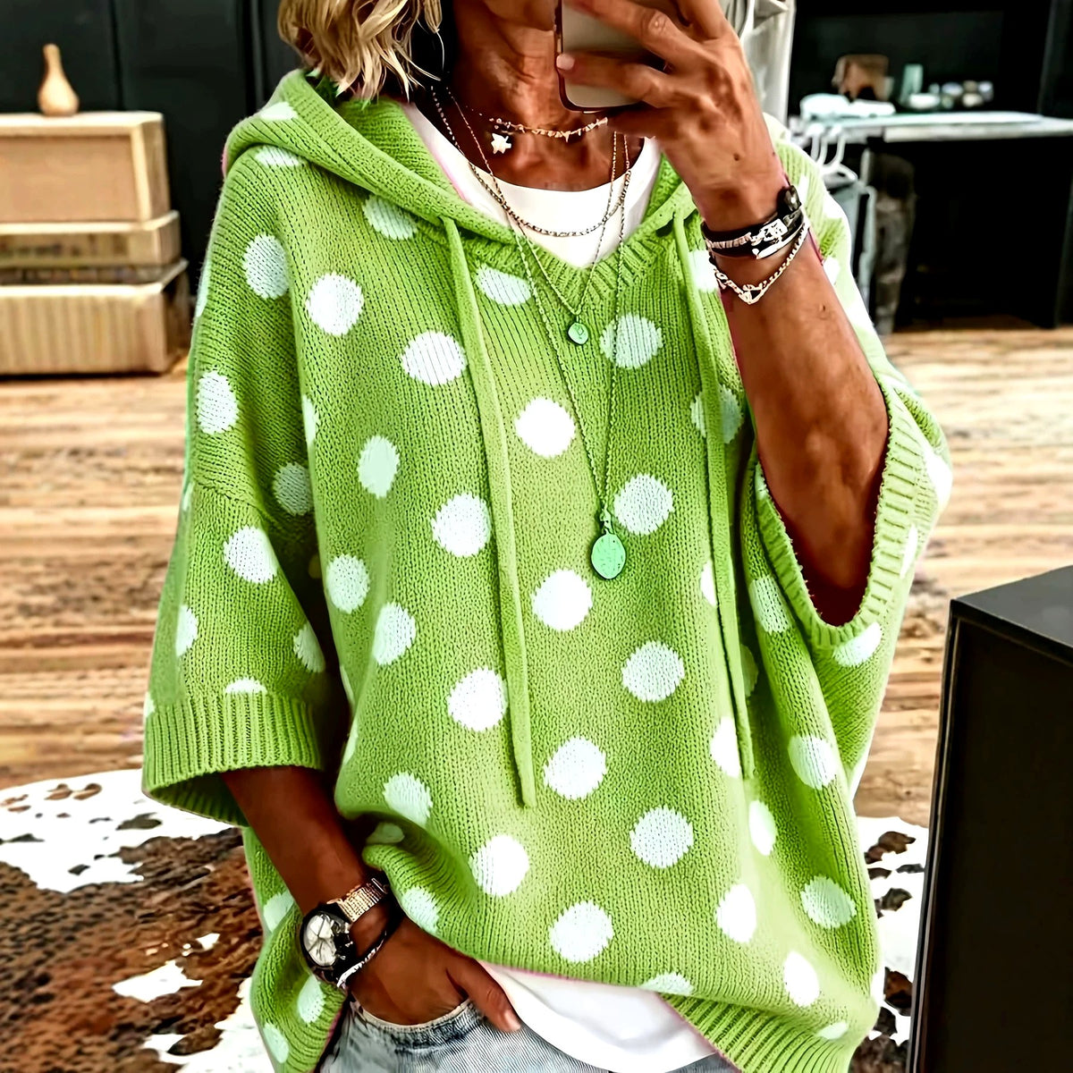 Fiona - Women's Polka Dot Hooded Knit Poncho Sweater