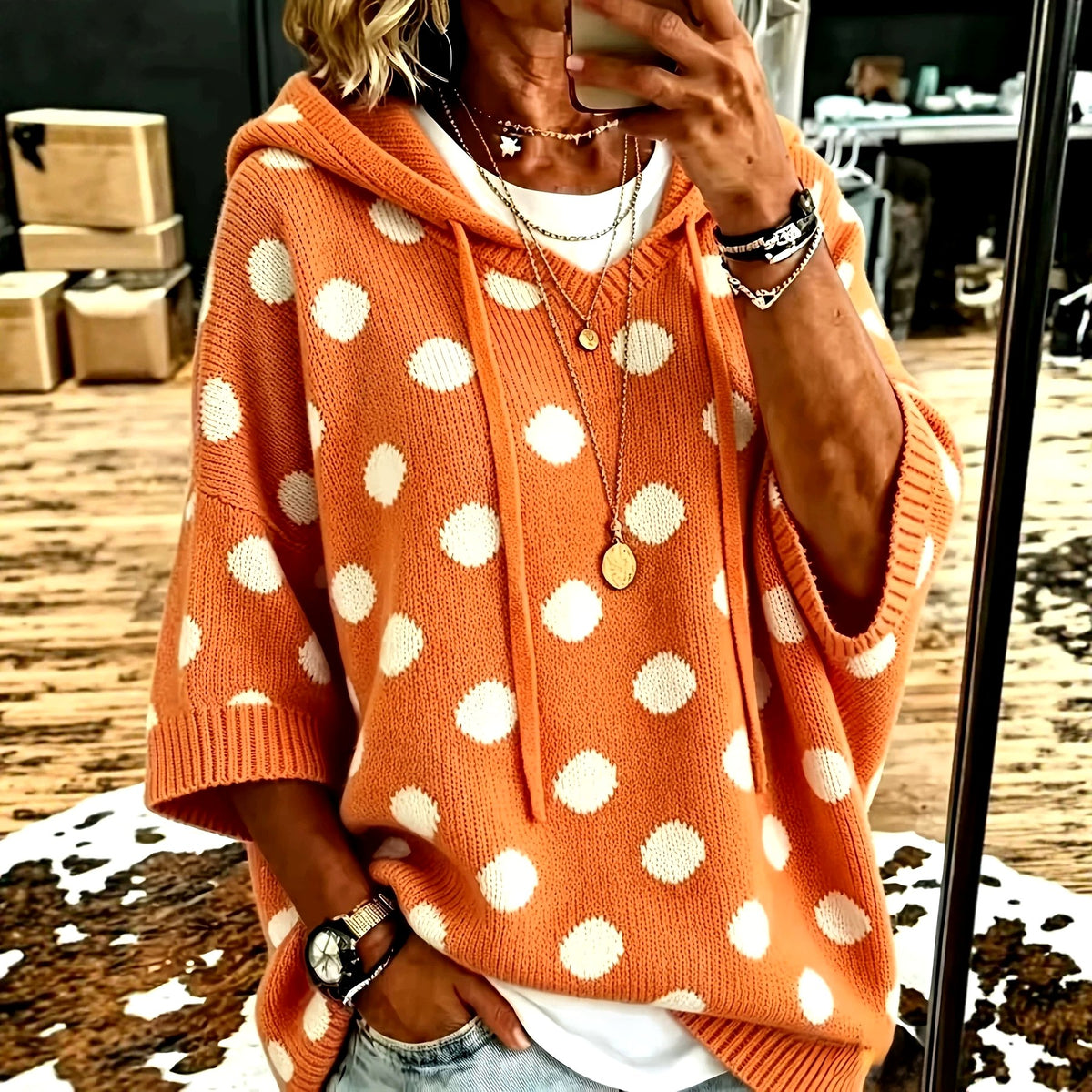 Fiona - Women's Polka Dot Hooded Knit Poncho Sweater