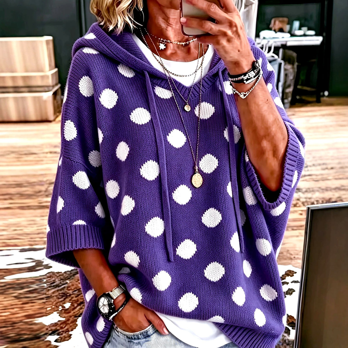 Fiona - Women's Polka Dot Hooded Knit Poncho Sweater