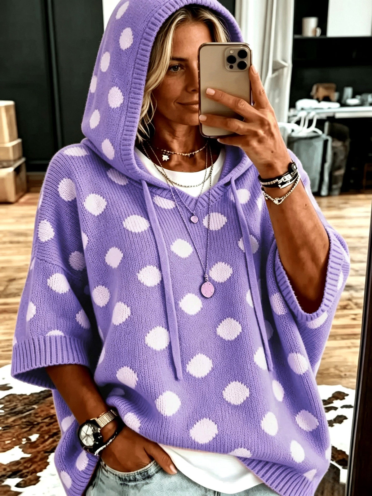 Fiona - Women's Polka Dot Hooded Knit Poncho Sweater