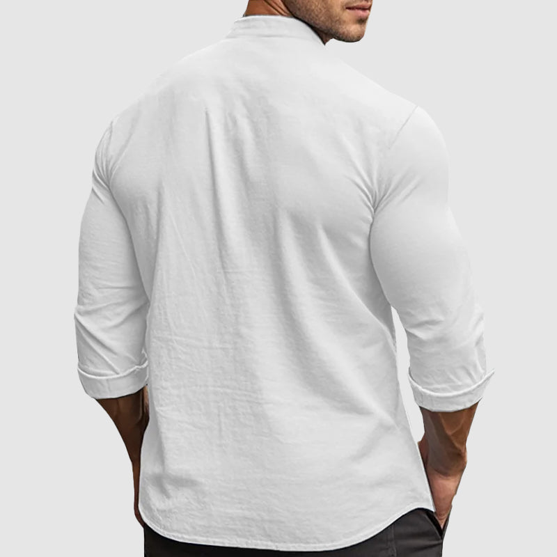 Gavin - Men's Linen Banded Collar Button-Down Shirt