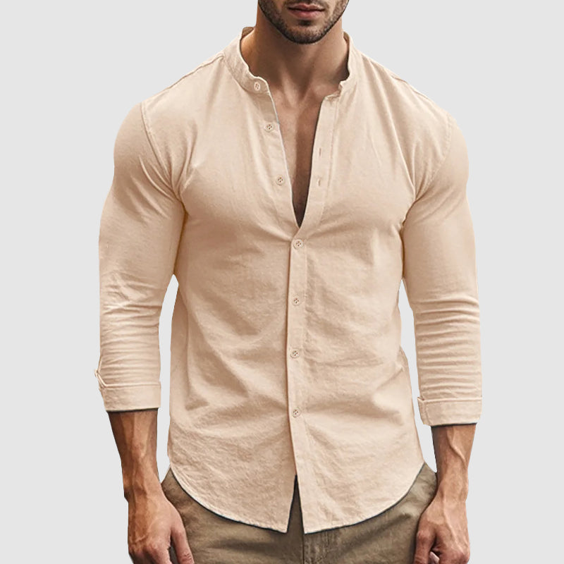 Gavin - Men's Linen Banded Collar Button-Down Shirt