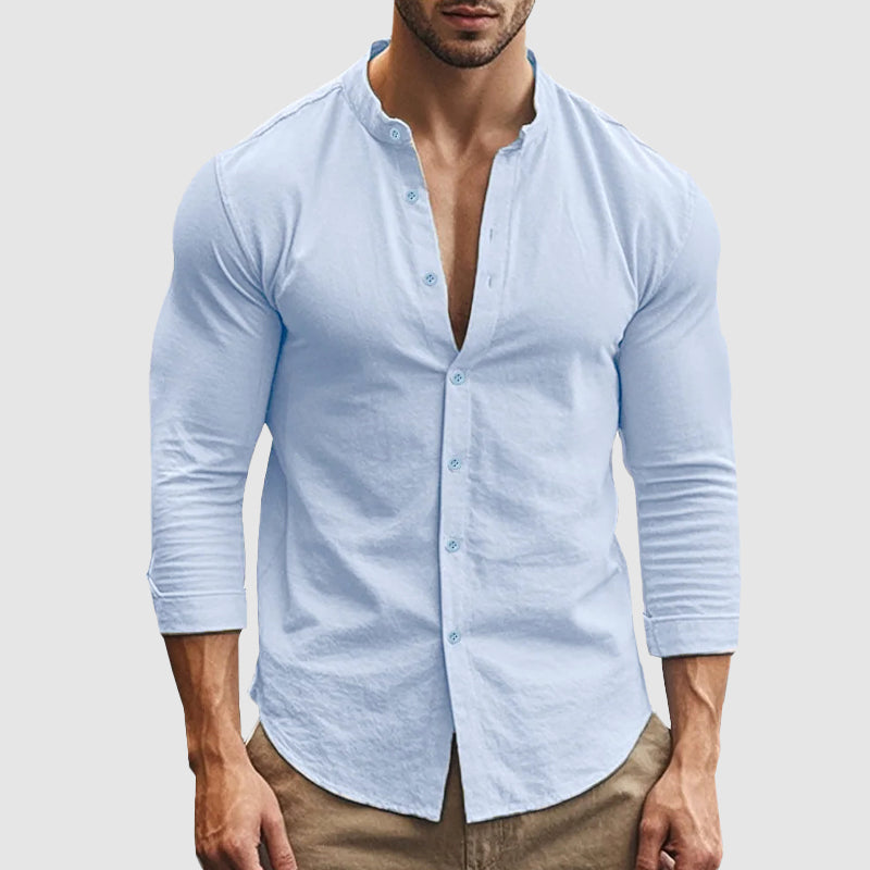 Gavin - Men's Linen Banded Collar Button-Down Shirt