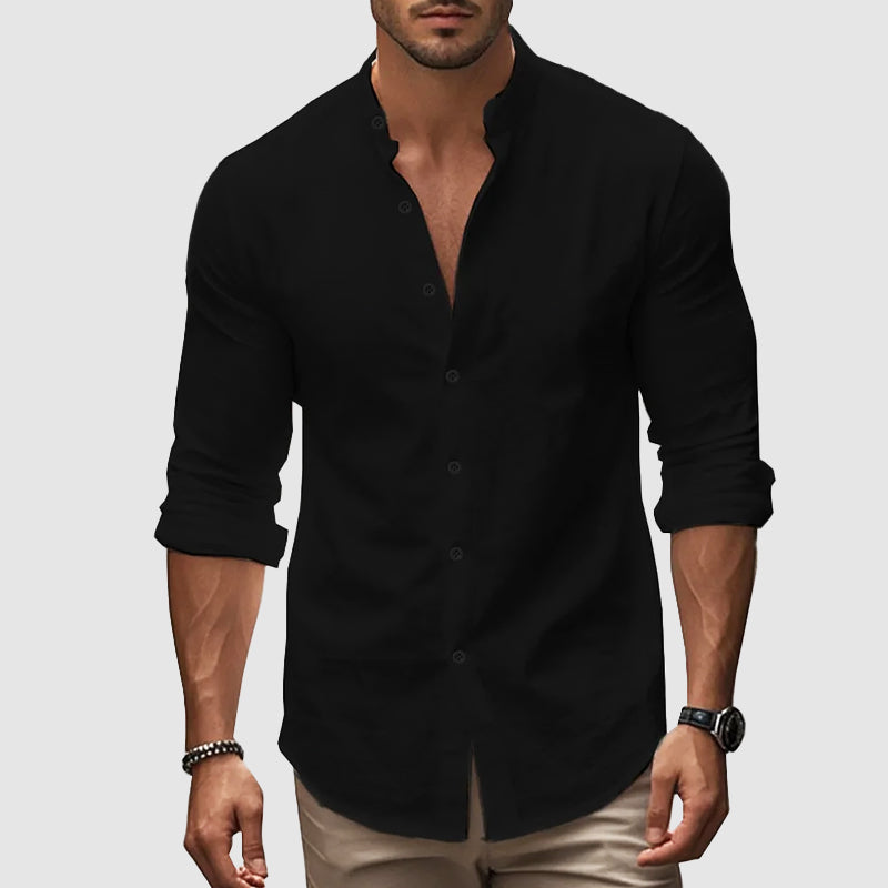 Gavin - Men's Linen Banded Collar Button-Down Shirt