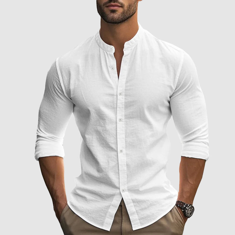 Gavin - Men's Linen Banded Collar Button-Down Shirt