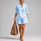 Ginette - Women's Linen V-Neck Relaxed Matching Set