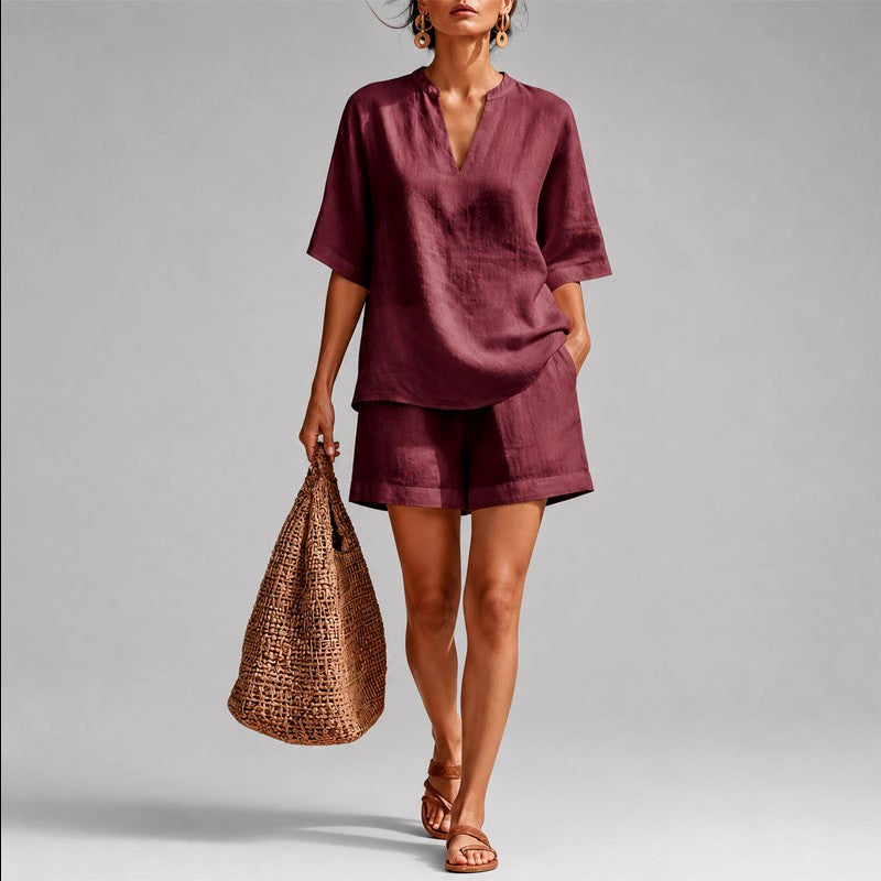 Ginette - Women's Linen V-Neck Relaxed Matching Set