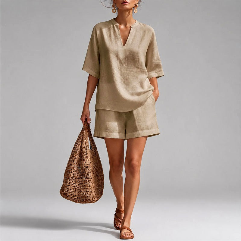 Ginette - Women's Linen V-Neck Relaxed Matching Set