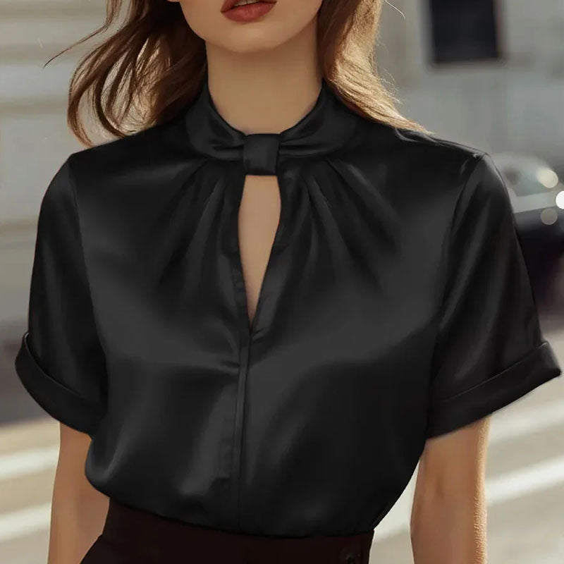 Grace - Women's Pleated Mock-Neck Satin Blouse