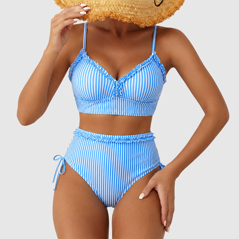 Hailey - Women's Ruffle Trim Striped High-Waist Bikini Set