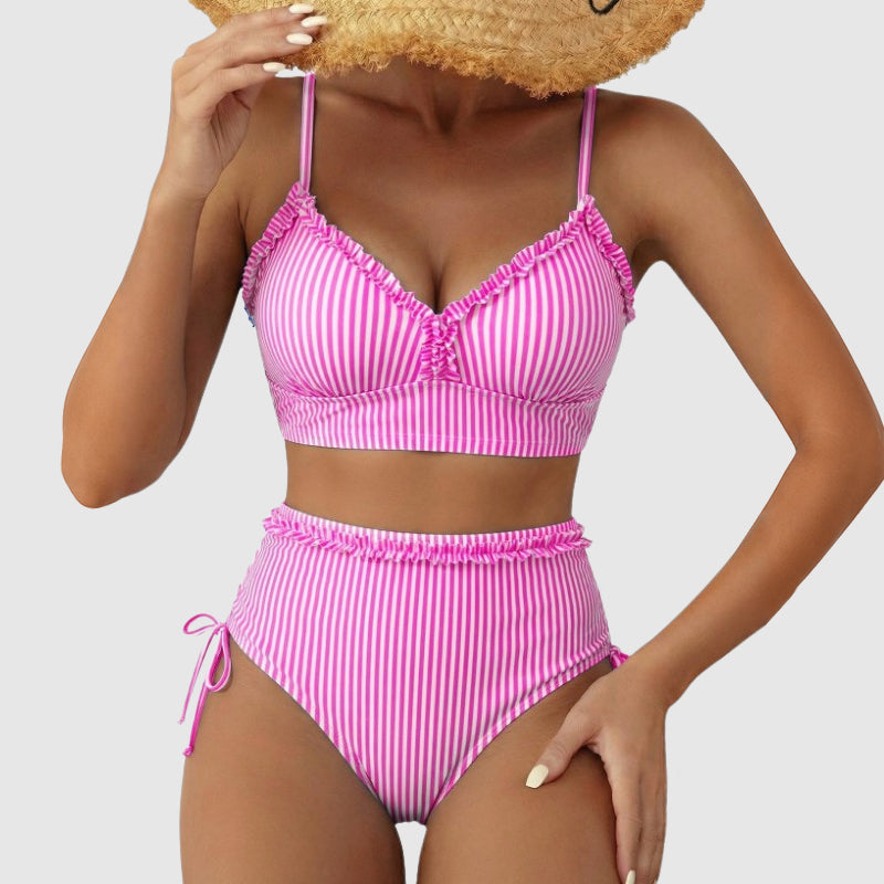 Hailey - Women's Ruffle Trim Striped High-Waist Bikini Set