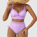 Hailey - Women's Ruffle Trim Striped High-Waist Bikini Set