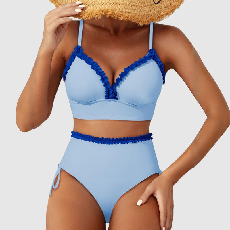 Hailey - Women's Ruffle Trim Striped High-Waist Bikini Set