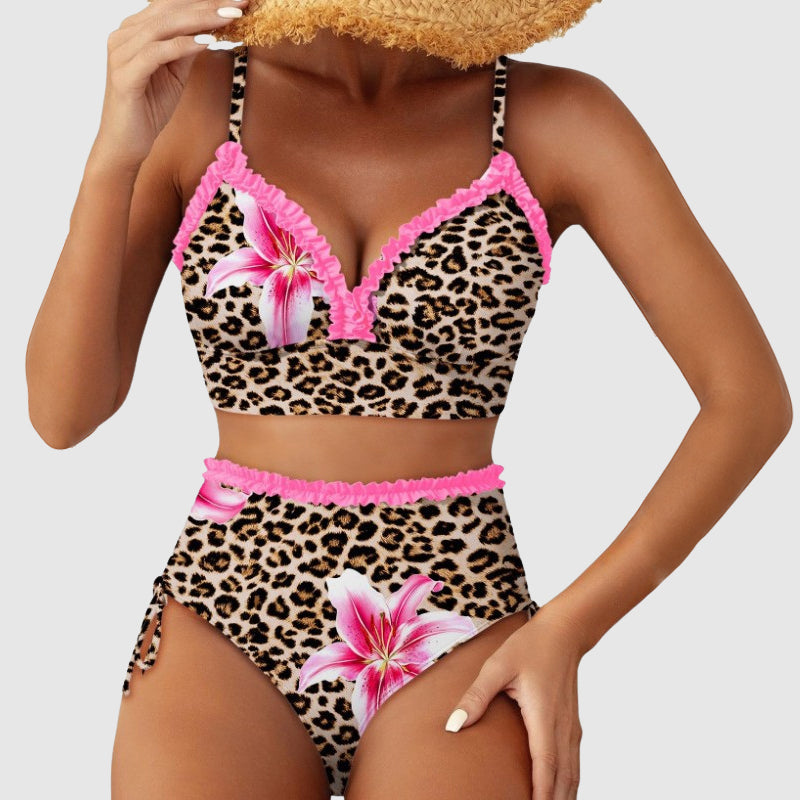 Hailey - Women's Ruffle Trim Striped High-Waist Bikini Set