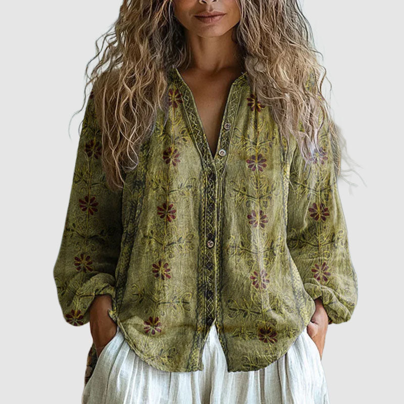 Hannah  - Women's Leaf Print V-Neck Blouse