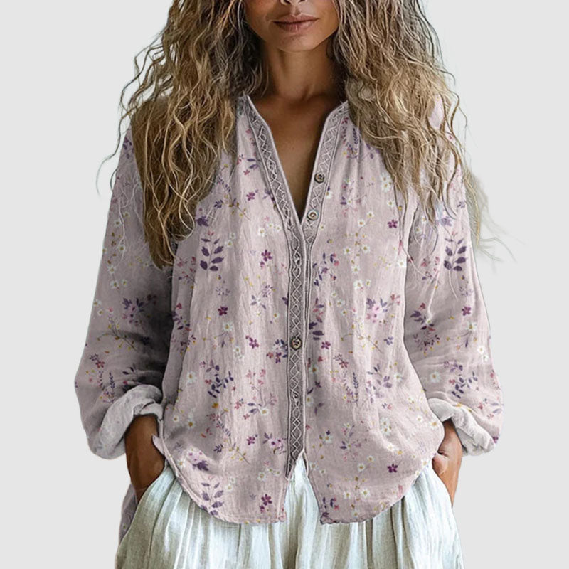 Hannah  - Women's Leaf Print V-Neck Blouse