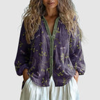 Hannah  - Women's Leaf Print V-Neck Blouse