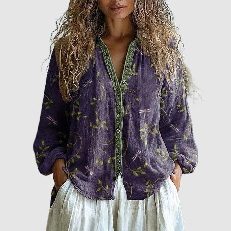 Hannah  - Women's Leaf Print V-Neck Blouse