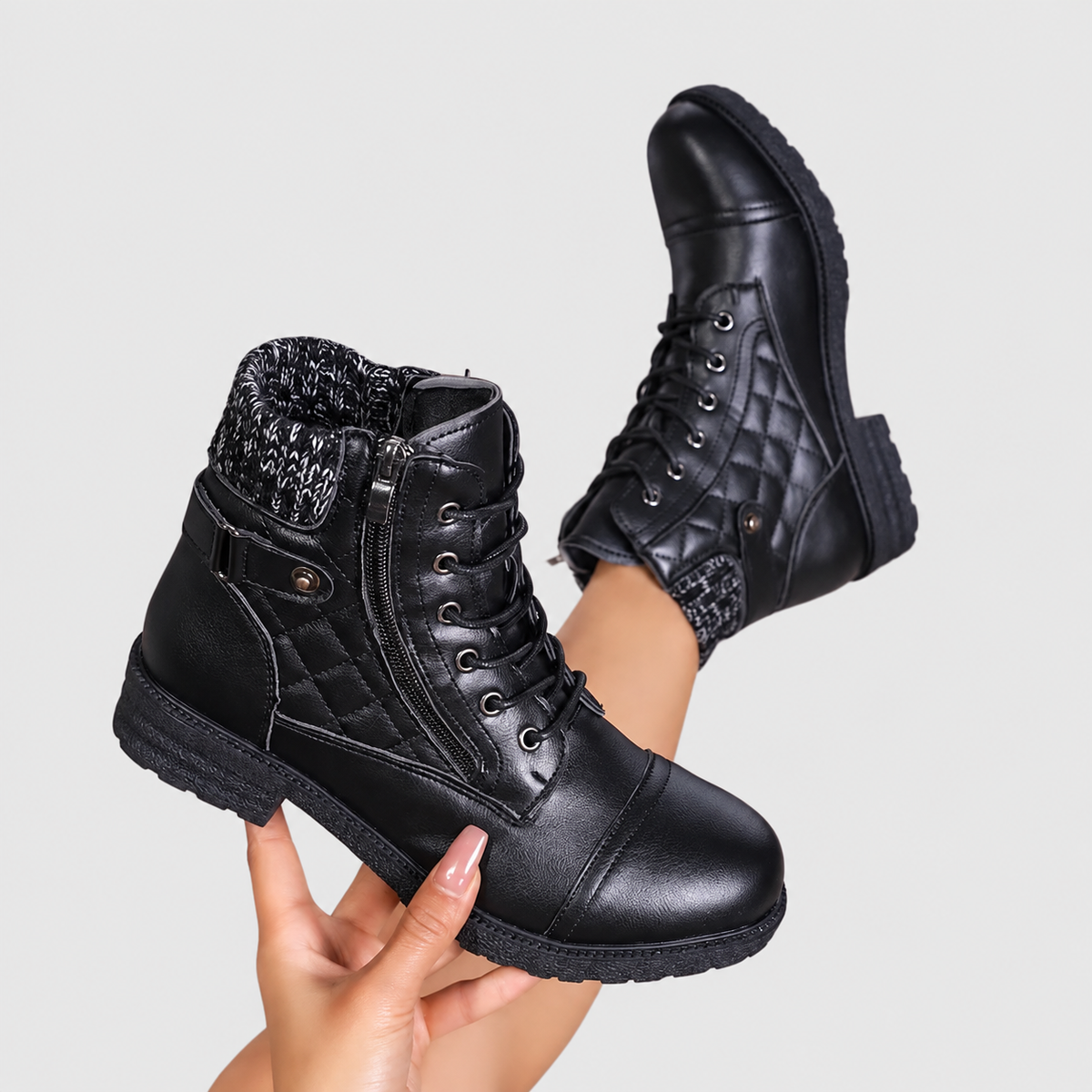 Heather - Women's Lace-Up Leather Ankle Boots with Side Zip