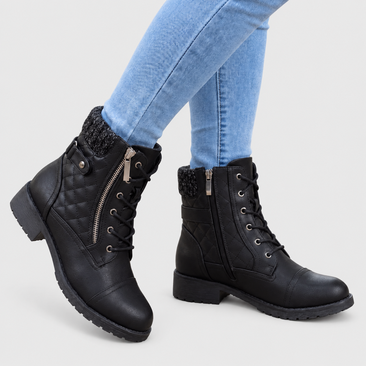 Heather - Women's Lace-Up Leather Ankle Boots with Side Zip