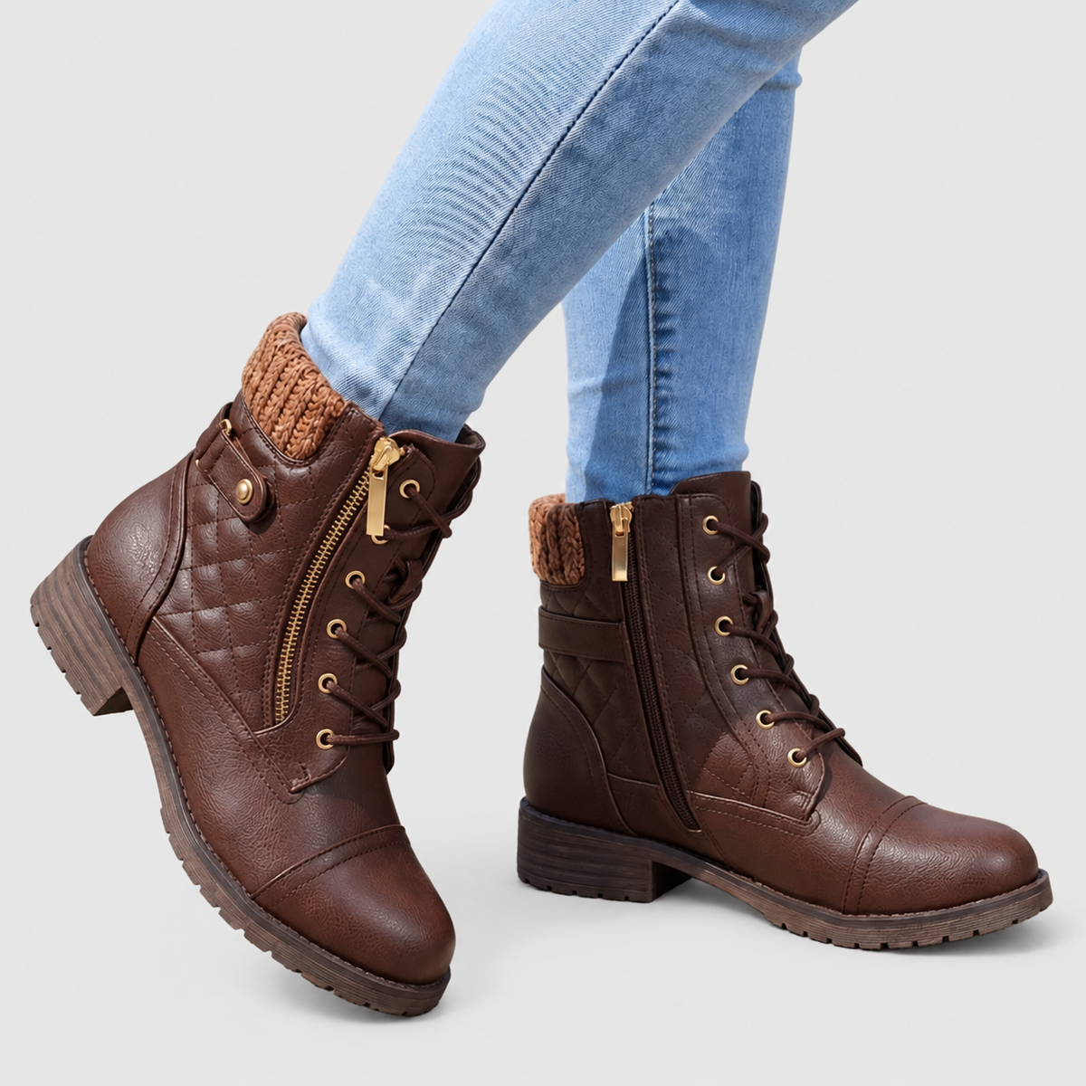 Heather - Women's Lace-Up Leather Ankle Boots with Side Zip