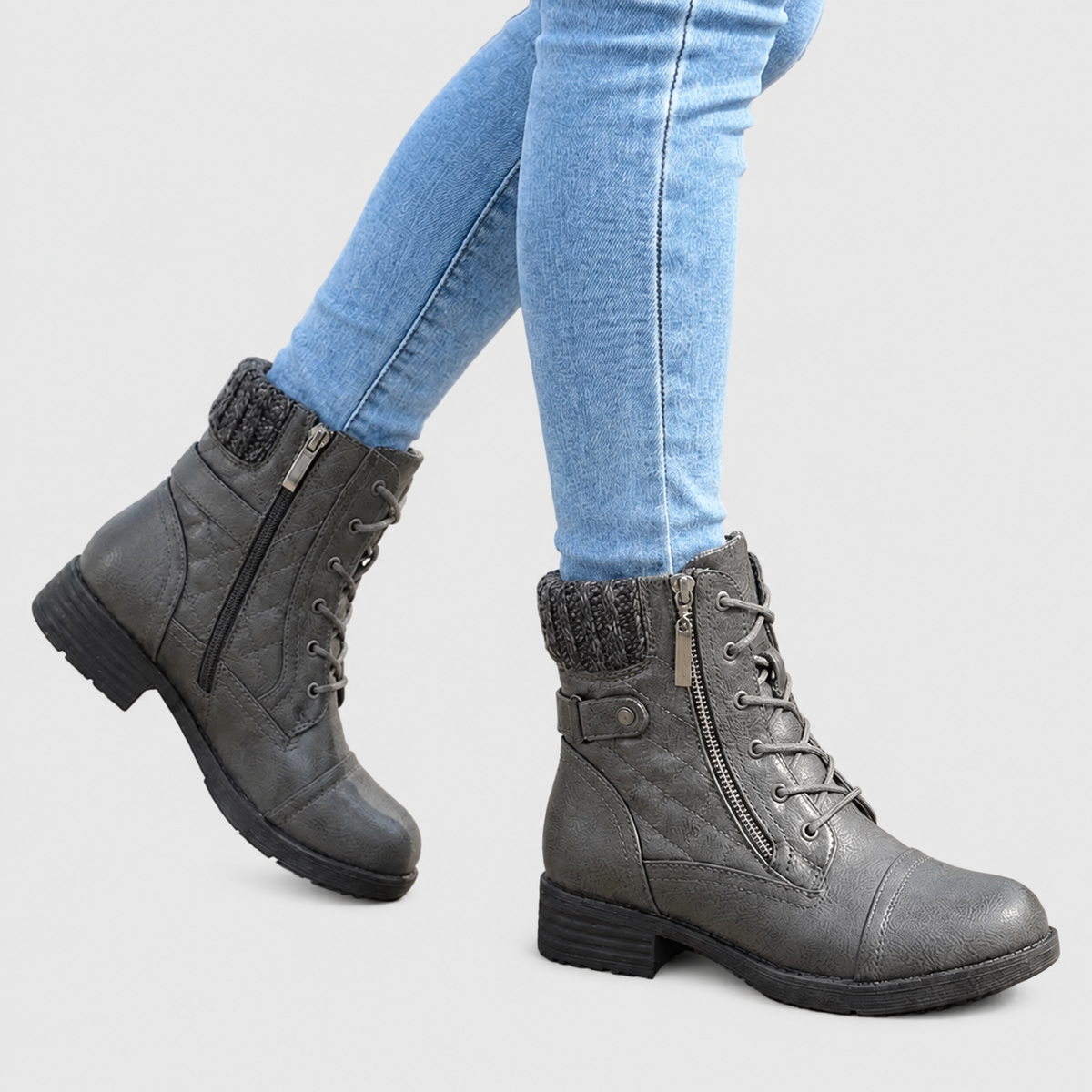 Heather - Women's Lace-Up Leather Ankle Boots with Side Zip