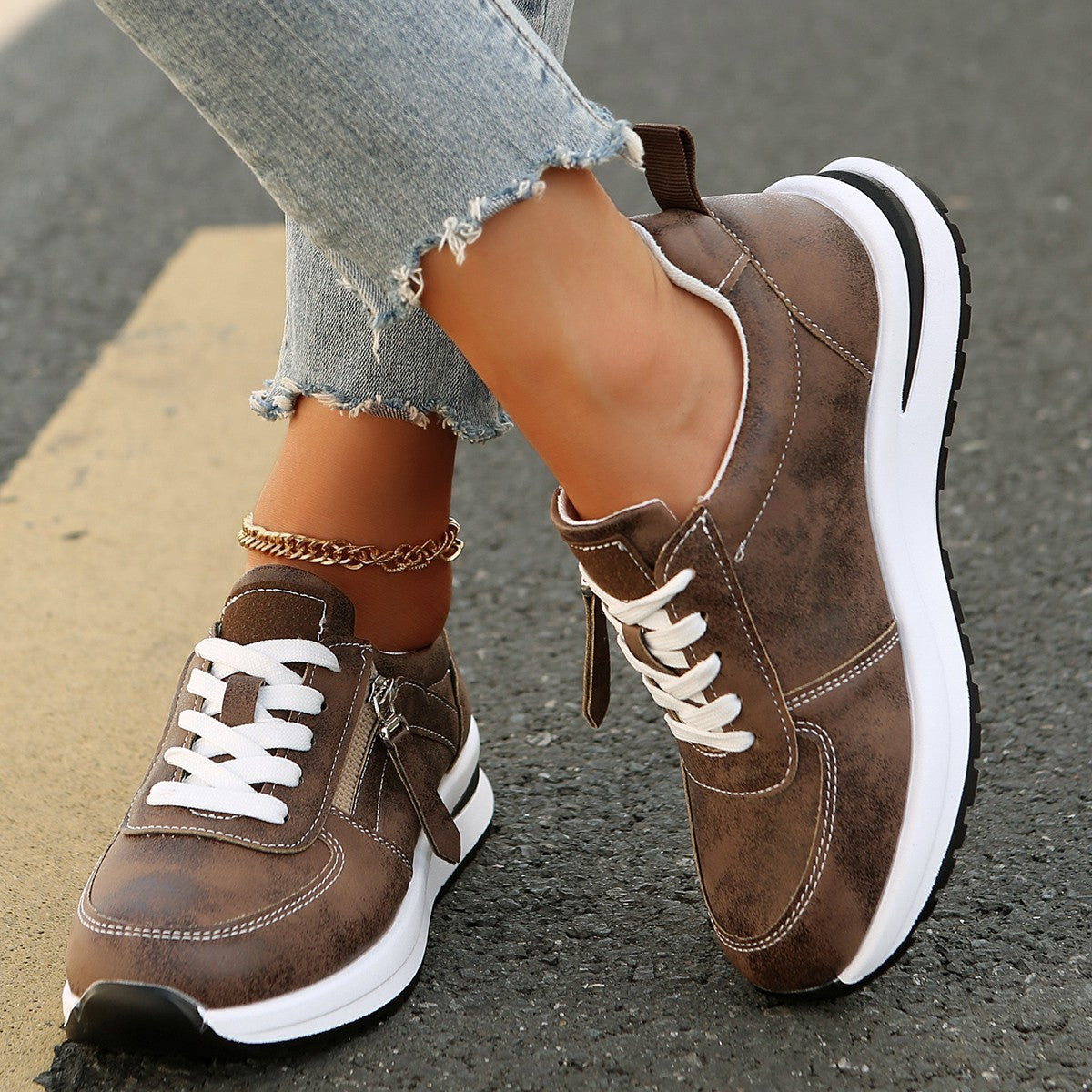 Jade - Women's Lace-Up Side Zipper Platform Sneakers