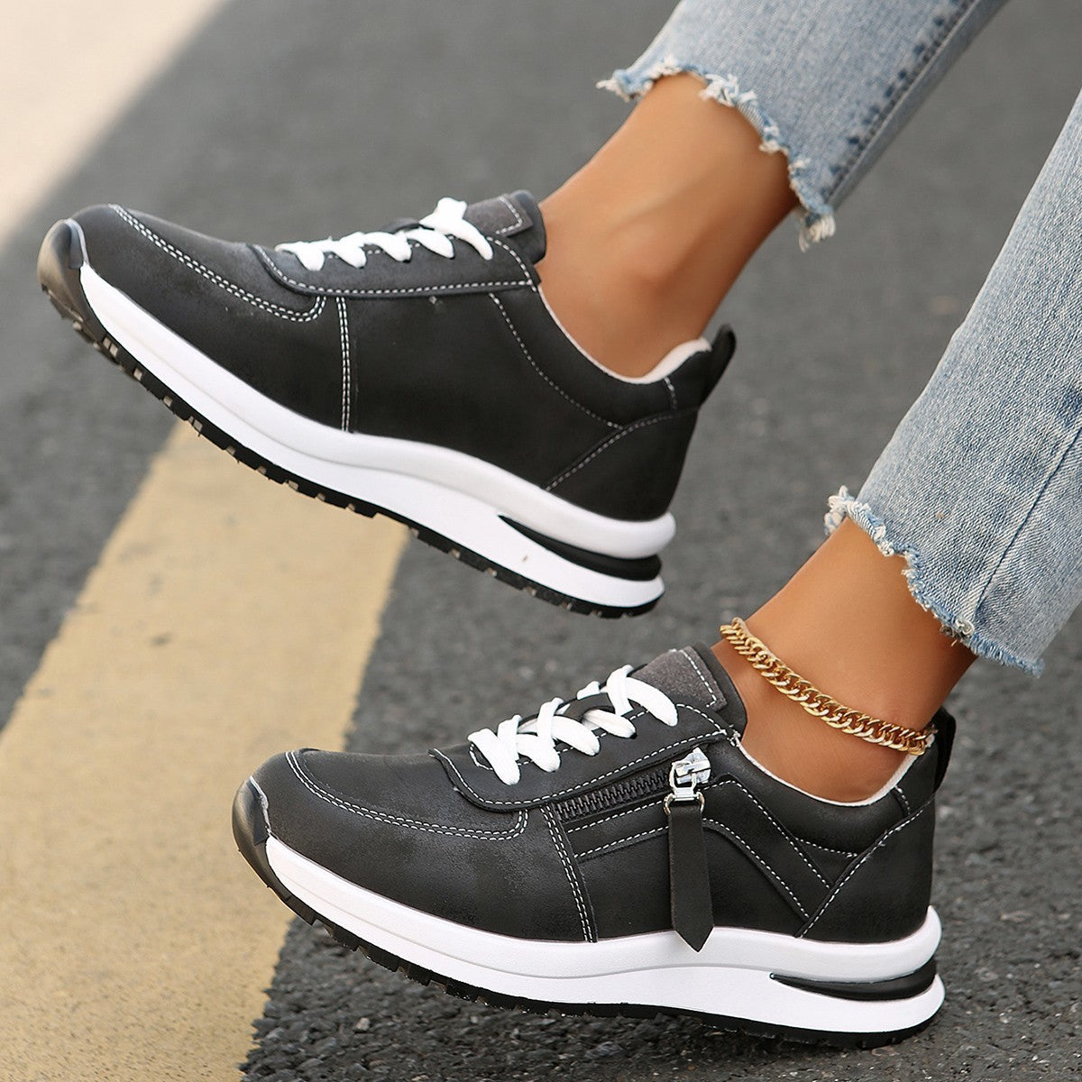 Jade - Women's Lace-Up Side Zipper Platform Sneakers