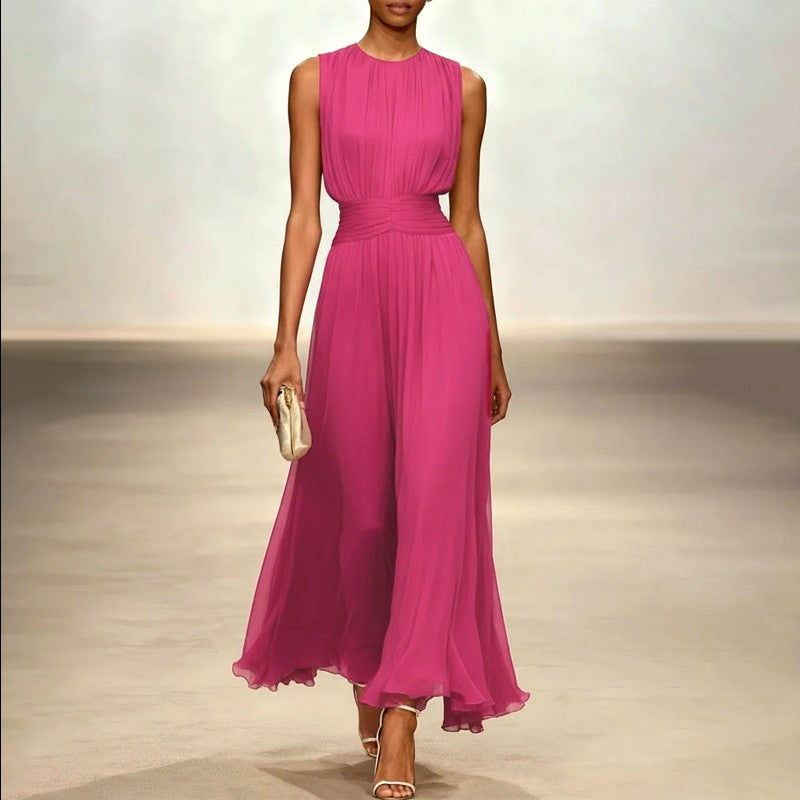 Jana - Women's Round Neck Waist-Cinched Resort Dress
