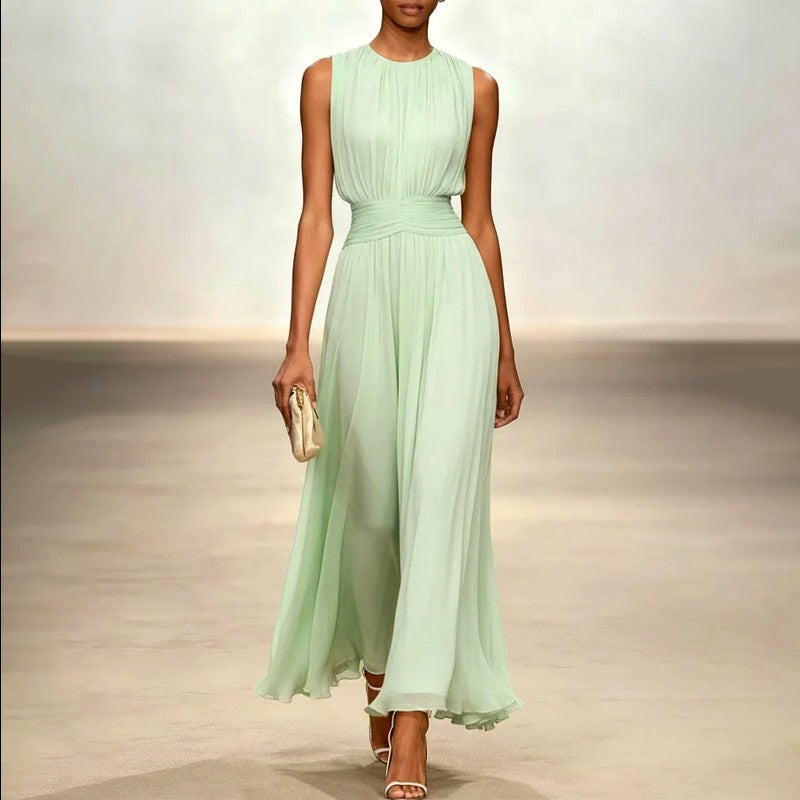 Jana - Women's Round Neck Waist-Cinched Resort Dress