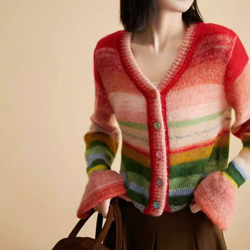 Jemma - Women's Rainbow Striped Knitted Cardigan